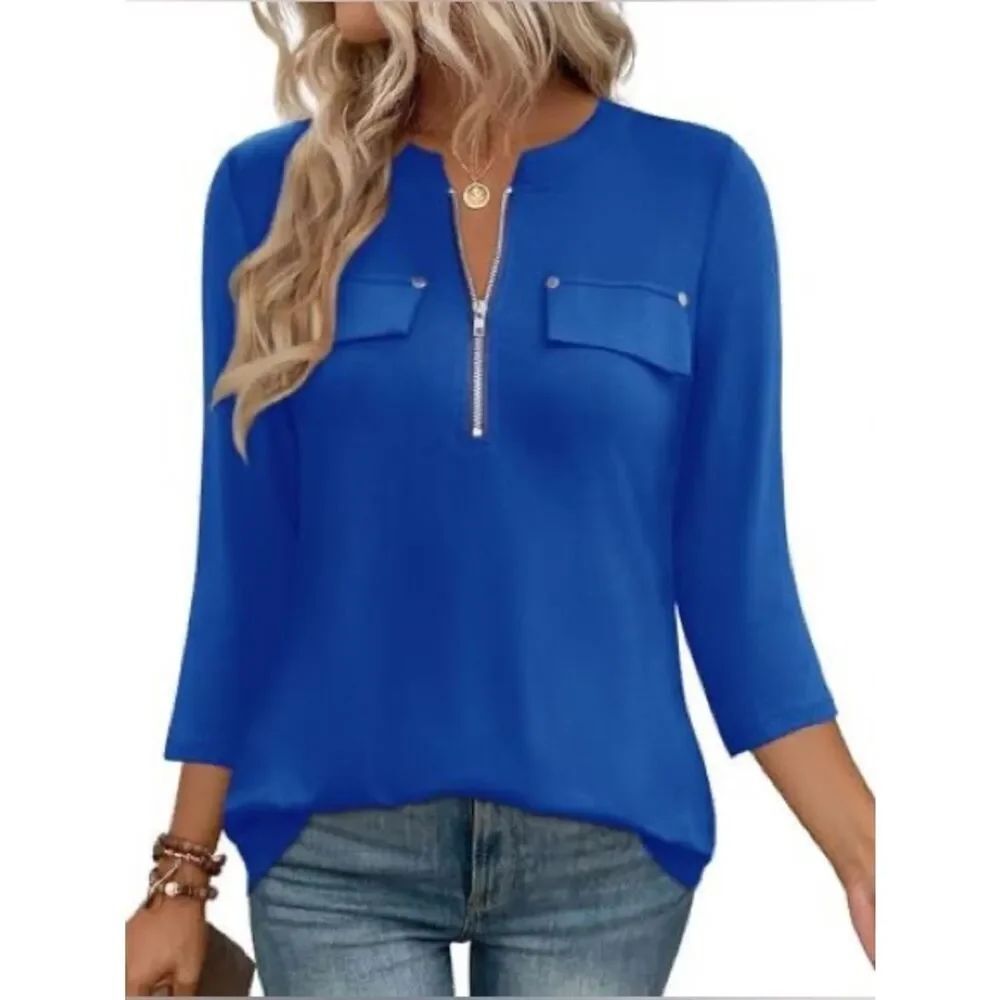 New ANGVNS blue blouse with black detail zipper and pockets